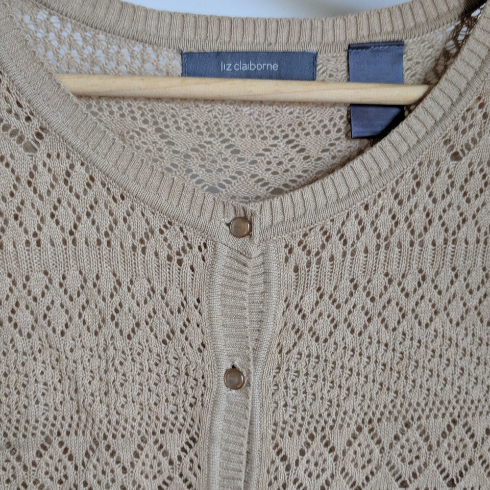 Vintage Liz Claiborne Tan Lace Knit Large Cardigan Meg Ryan 90s - Picture 7 of 10